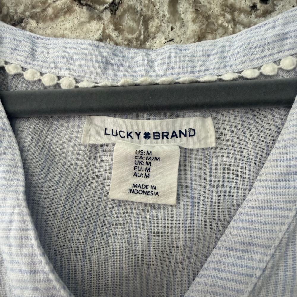 Lucky Brand 100% Linen Dress Blue Striped Tiered Skirt V-Neck Sleeveless Beachy - Picture 7 of 11
